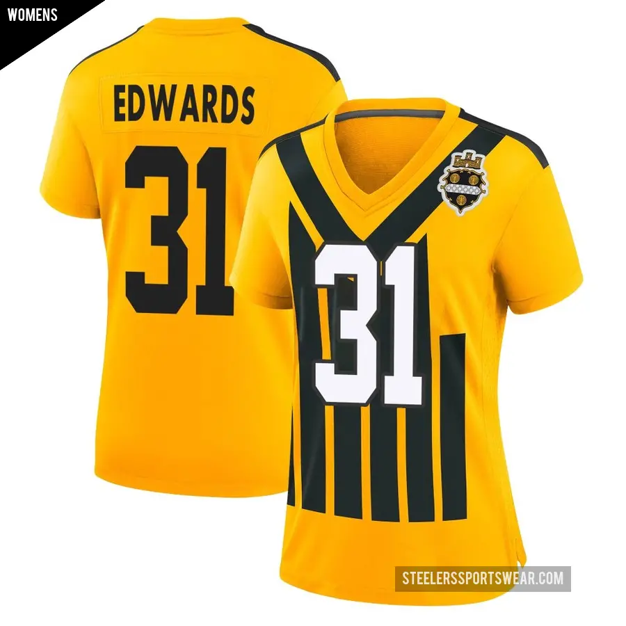 Women's Pittsburgh Steelers ＃31 Daijun Edwards Gold Game Alternate 1933 Throwback Jersey