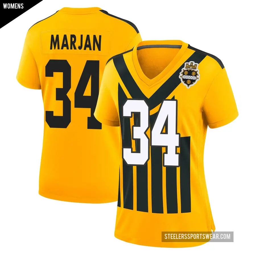 Women's Pittsburgh Steelers ＃34 Laith Marjan Gold Game Alternate 1933 Throwback Jersey
