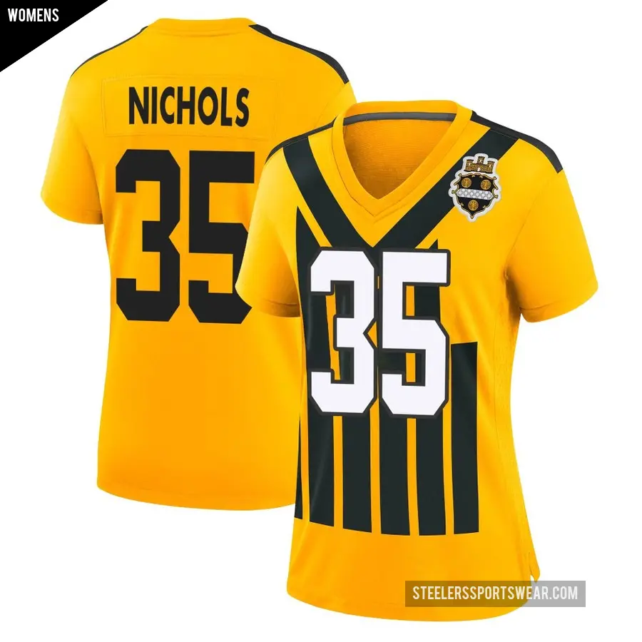 Women's Pittsburgh Steelers ＃35 Lew Nichols Gold Game Alternate 1933 Throwback Jersey