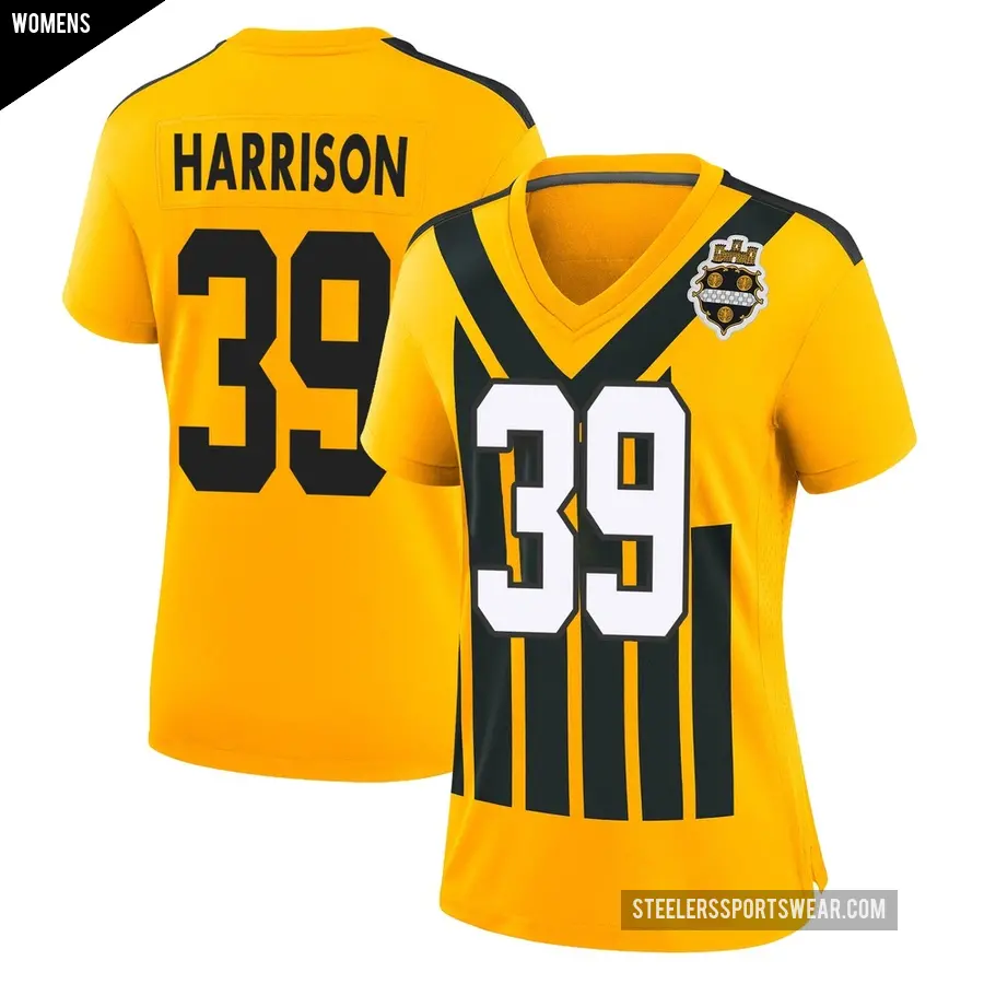 Women's Pittsburgh Steelers ＃39 Malik Harrison Gold Game Alternate 1933 Throwback Jersey
