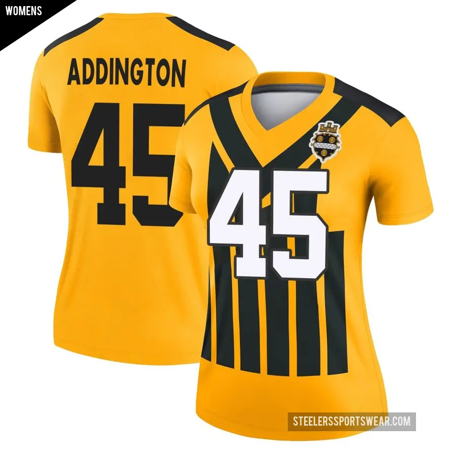 Women's Pittsburgh Steelers ＃45 Tucker Addington Gold Legend Alternate 1933 Throwback Performance Jersey