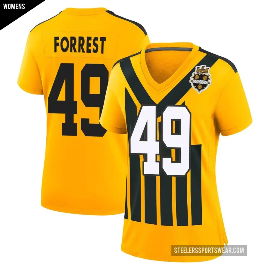 Women's Pittsburgh Steelers ＃49 Darrick Forrest Gold Game Alternate 1933 Throwback Jersey