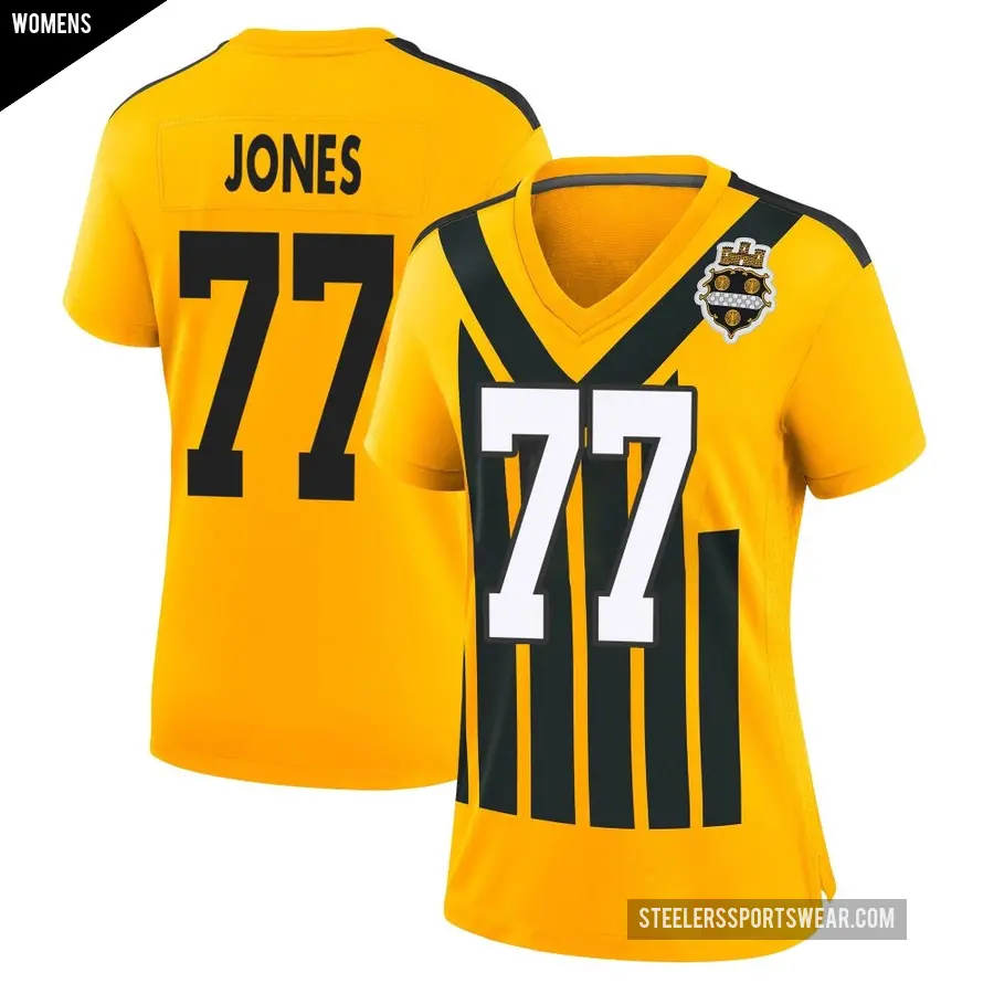 Women's Pittsburgh Steelers ＃77 Broderick Jones Gold Game Alternate 1933 Throwback Jersey