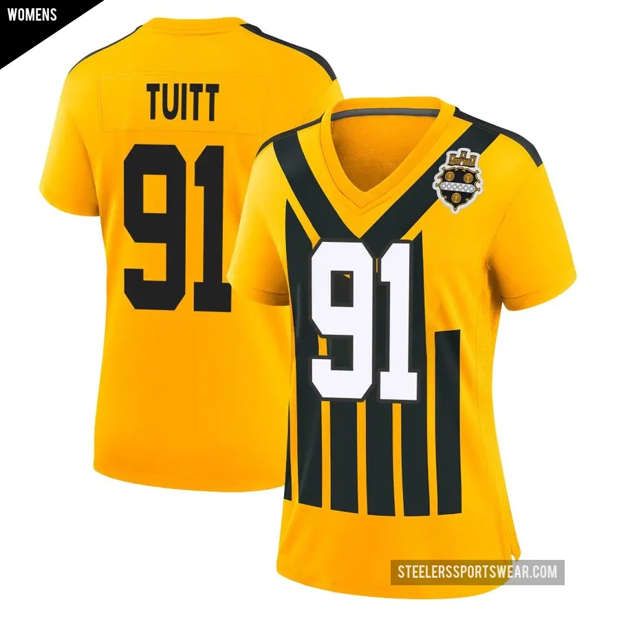 Women's Pittsburgh Steelers ＃91 Stephon Tuitt Gold Game Alternate 1933 Throwback Jersey