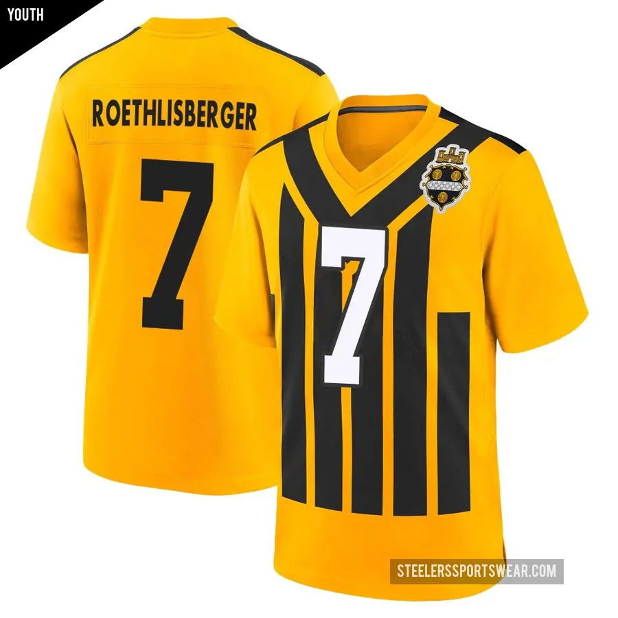 Youth Pittsburgh Steelers ＃7 Ben Roethlisberger Gold Game Alternate 1933 Throwback Jersey